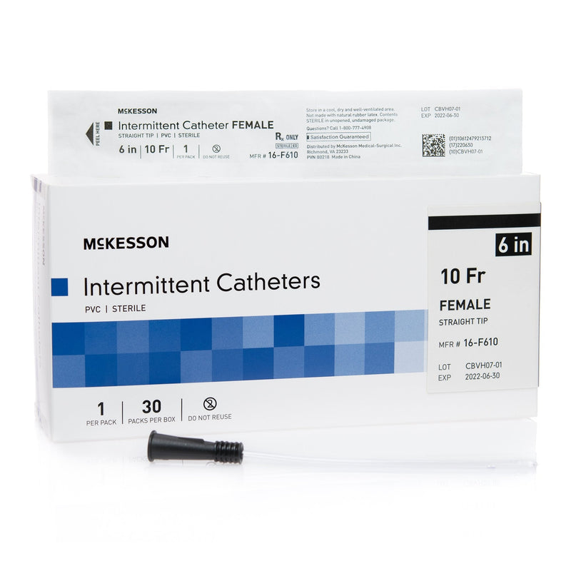 Box of Urethral Catheter McKesson Straight Tip Uncoated PVC 10 Fr. 6 Inch Length
