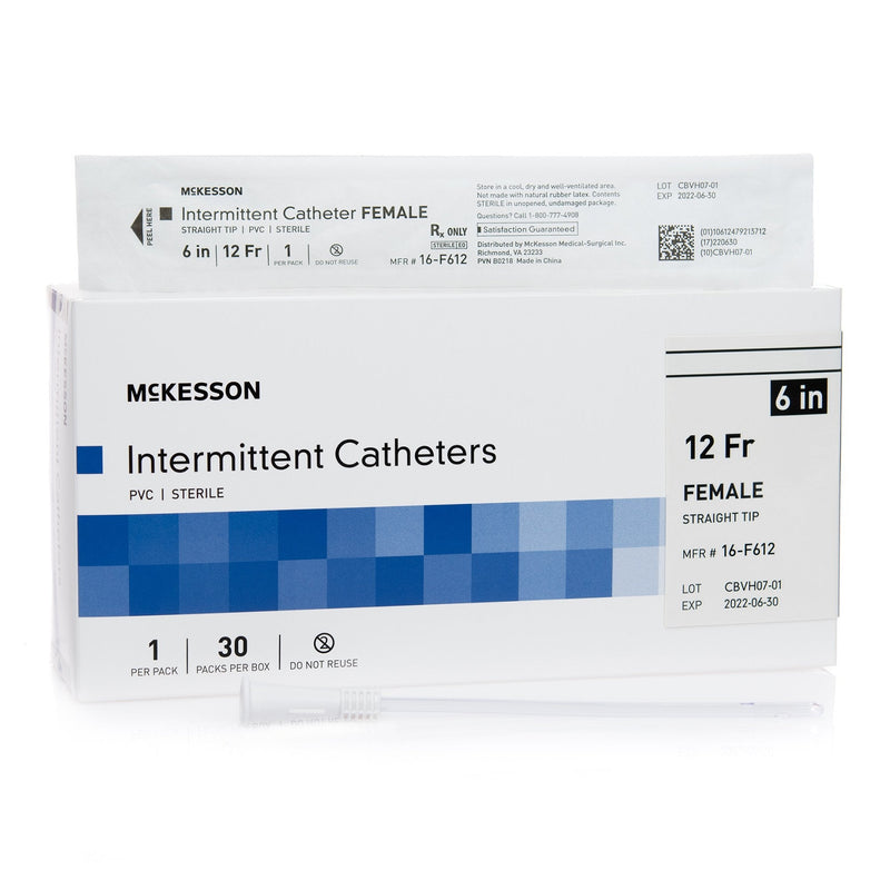Box of McKesson Female Urethral Catheter — Straight Tip, Uncoated PVC, 12 Fr, 6″