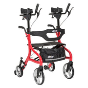 Red rollator with black seat and handlebars on a white background