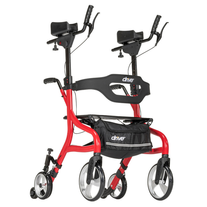 Red rollator with black seat and handles on a white background