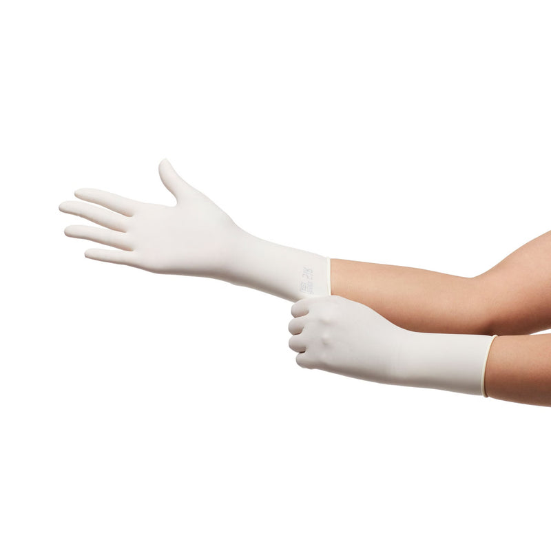 White disposable nitrile gloves worn on two human arms against a plain white background.