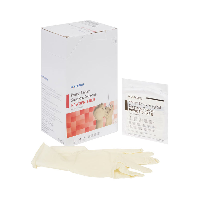 Mikesson Perry Latex Surgical Gloves packaging with gloves on a white background