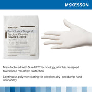 McKesson Perry Latex Surgical Gloves packaging with a glove displayed, featuring SureFit technology.