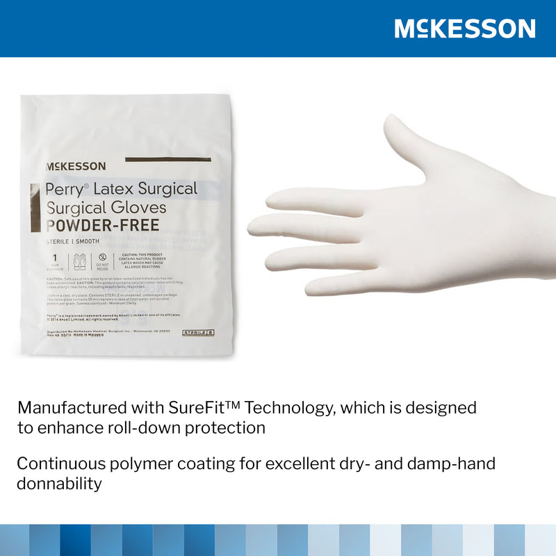 McKesson Perry Latex Surgical Gloves packaging with a glove displayed, featuring SureFit technology.