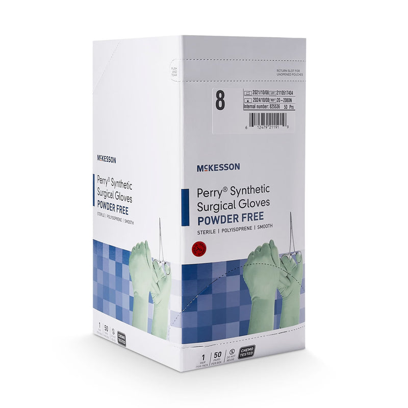 A box of McKesson Perry Synthetic Surgical Gloves, Powder Free, size 8, featuring a white packaging design with blue and green glove graphics.