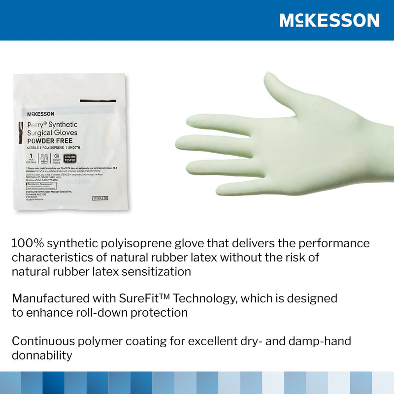 McKesson synthetic surgical glove packaging with a glove displayed on a white background