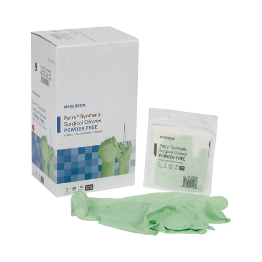 Mckesson synthetic surgical gloves packaging with gloves on a white background