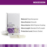 McKesson synthetic surgical gloves packaging with product details on a white background