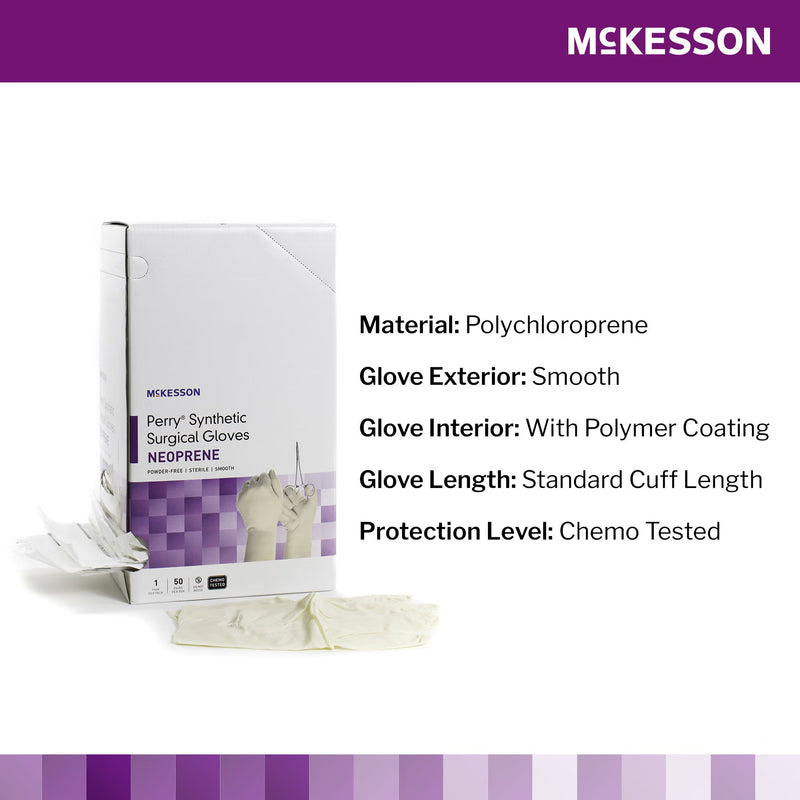 McKesson synthetic surgical gloves packaging with product details on a white background