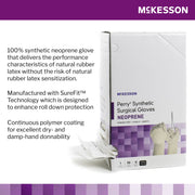 McKesson synthetic neoprene surgical glove packaging with product details on a white background