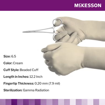 Gloved hands holding surgical scissors with McKesson branding and product specifications.