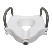 White toilet seat with gray handles on a white background