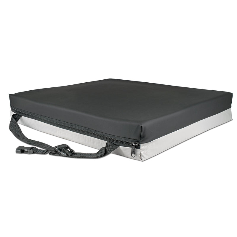 Black cushioned seat cover with straps on a white background