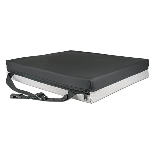 Black cushioned seat cover with straps on a white background