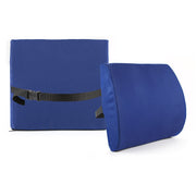 Two blue seat cushions with a black strap on a white background