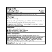 Drug facts label for a antiseptic product with active ingredient, uses, warnings, directions, and inactive ingredients listed.