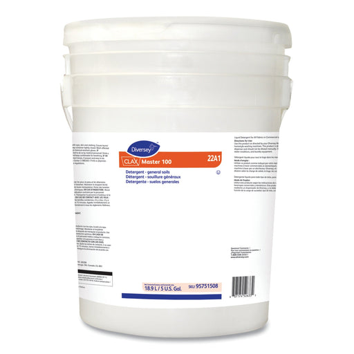 White bucket with Diversey CLAX Master 100 label on a white background