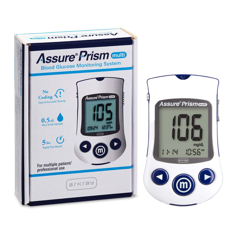 Assure Prism blood glucose monitoring system with device and packaging on a white background