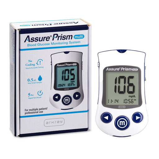 Assure Prism blood glucose monitoring system with device and packaging on a white background