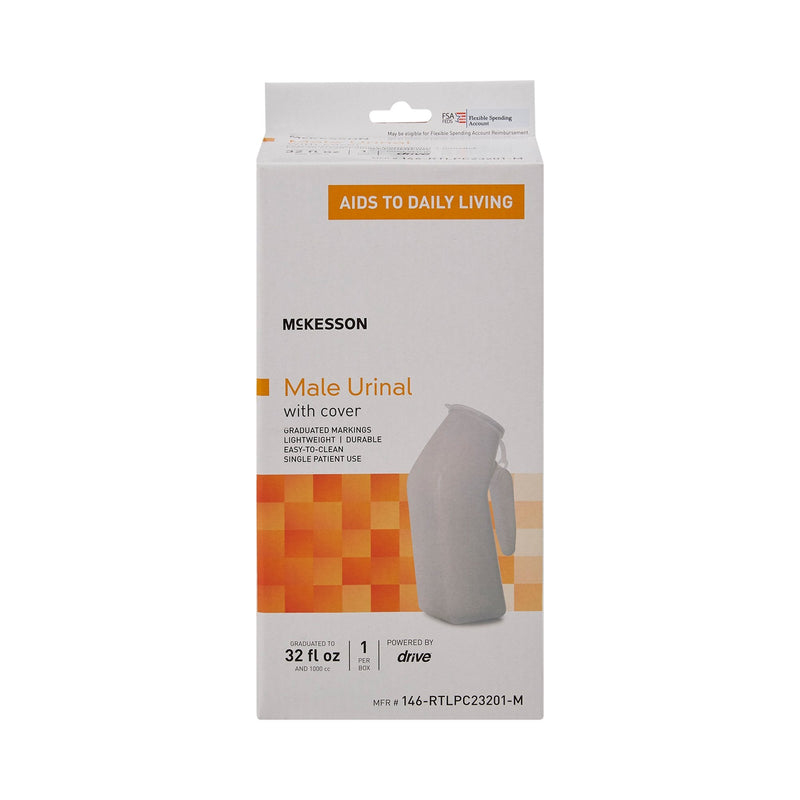 McKesson Male Urinal packaging with cover on a white background