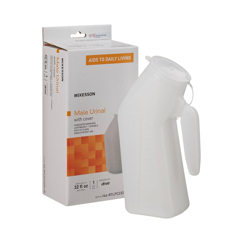 White male urinal with cover and McKesson packaging on a white background