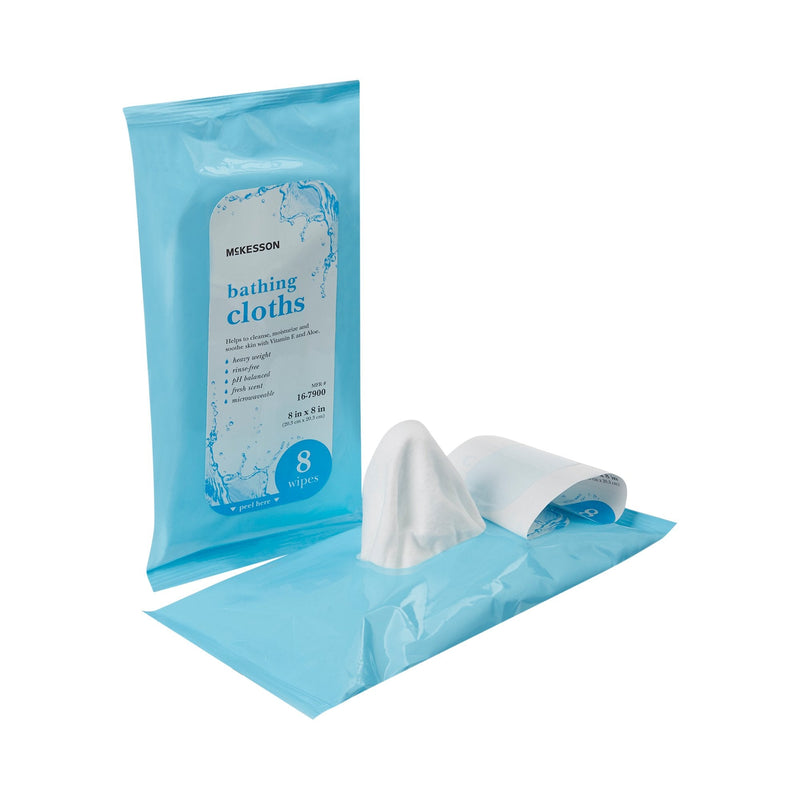 Mckesson bathing cloths packaging with a single cloth on a white background