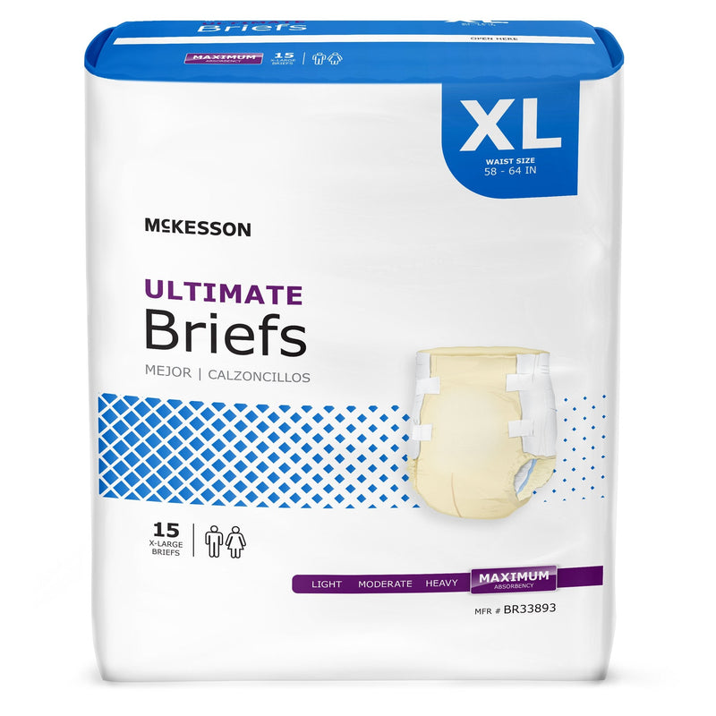 Package of McKesson Ultimate Briefs in XL size on a white background