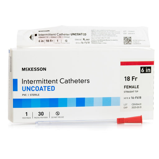 Box of Urethral Catheter McKesson Straight Tip Uncoated PVC 18 Fr. 6 Inch Length