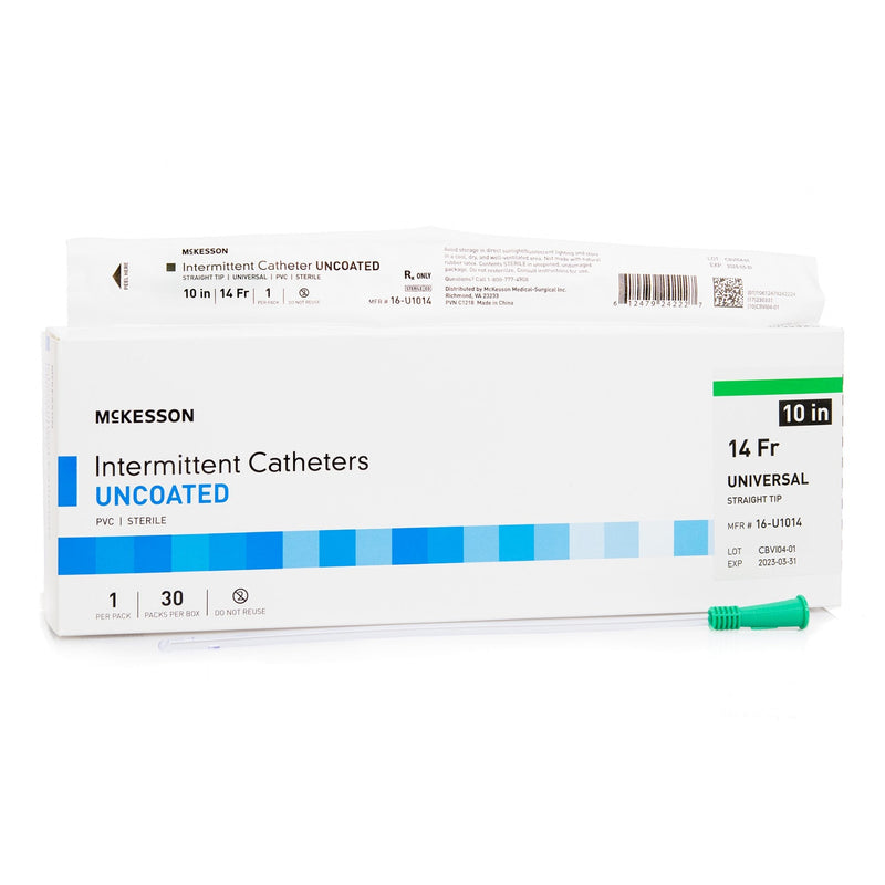 box of Urethral Catheter McKesson Straight Tip Uncoated PVC 14 Fr. 10 Inch Length