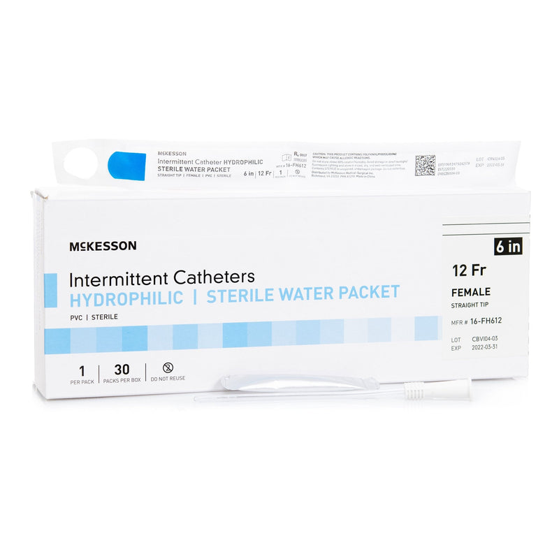 Box of Urethral Catheter McKesson Straight Tip Hydrophilic Coated PVC 12 Fr. 6 Inch Length
