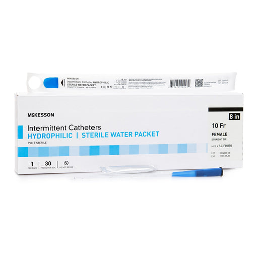Box of Urethral Catheter McKesson Straight Tip Hydrophilic Coated PVC 10 Fr. 8 Inch Length