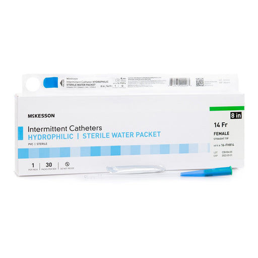 Box of Urethral Catheter McKesson Straight Tip Hydrophilic Coated PVC 14 Fr. 8 Inch Length
