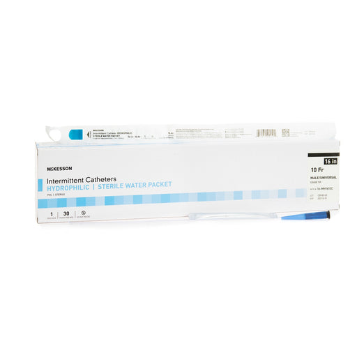 box of 
Urethral Catheter McKesson Coude Tip Hydrophilic Coated PVC 10 Fr. 16 Inch Length