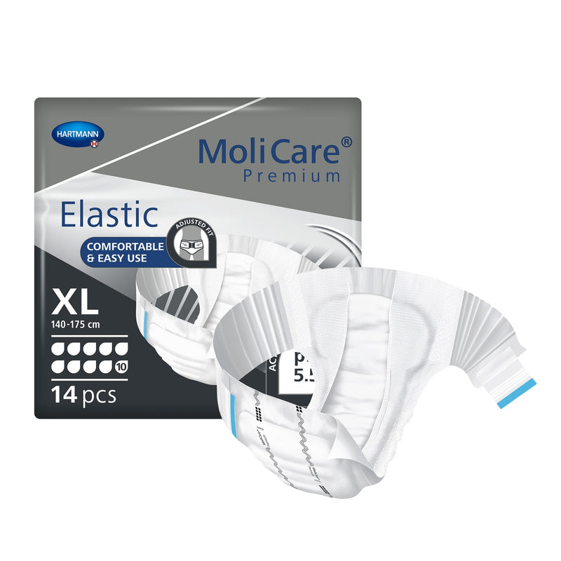 MoliCare Premium Elastic packaging with white elastic bands on a white background