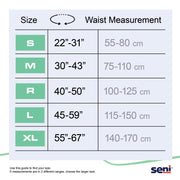 Waist measurement chart for sizing guide with Seni logo