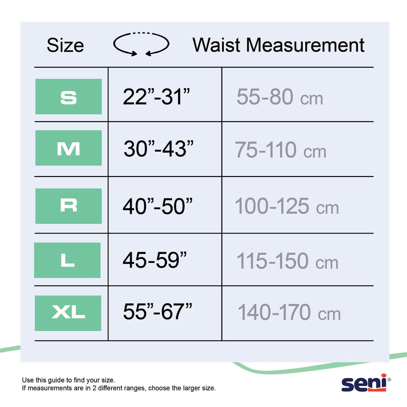 Waist measurement chart for sizing guide with Seni logo