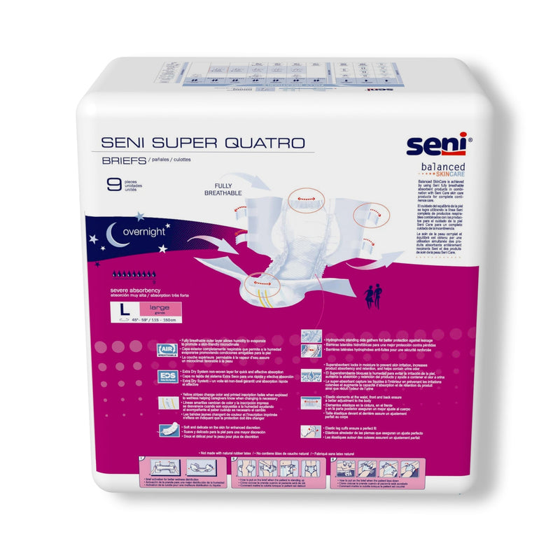 Pack of Seni Super Quatro briefs with packaging details on a white background