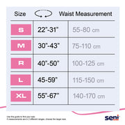 Waist measurement chart with size categories and corresponding measurements in inches and centimeters, branded with 'Seni'.