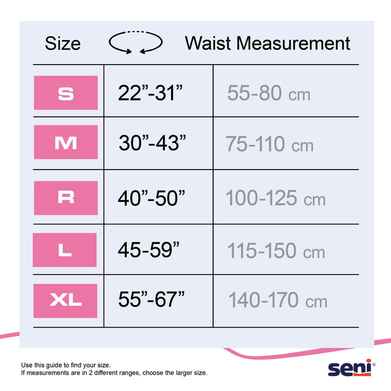 Waist measurement chart with size categories and corresponding measurements in inches and centimeters, branded with 'Seni'.