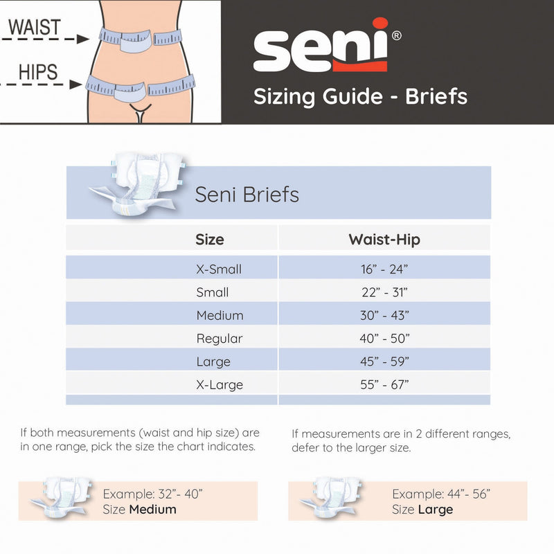 Seni Briefs sizing guide with measurement chart and illustrations.