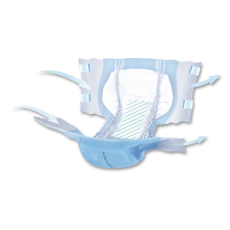 Blue and white incontinence pad on a white background