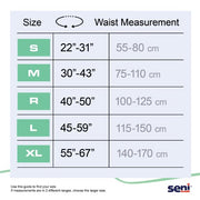 Waist measurement chart for clothing sizes with Seni branding