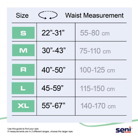 Waist measurement chart for clothing sizes with Seni branding