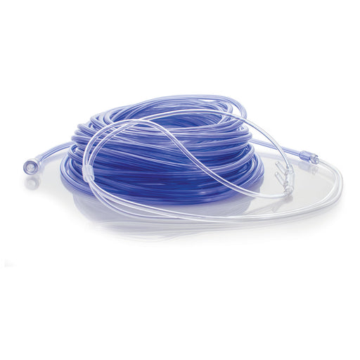 Coiled blue and clear tube on a white background