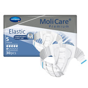 MoliCare Premium Elastic packaging with white care products on a white background