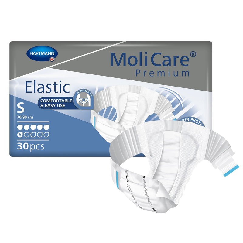 MoliCare Premium Elastic packaging with white care products on a white background