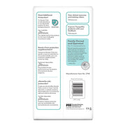 Back of a product packaging with text and a barcode on a white background
