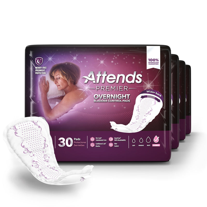 Attends Premier overnight bladder control pads packaging with a sample pad displayed.