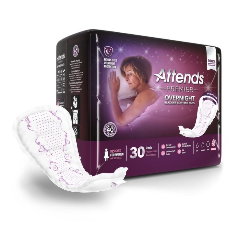 Attends Premier Overnight pads packaging with a sample pad displayed on a white background