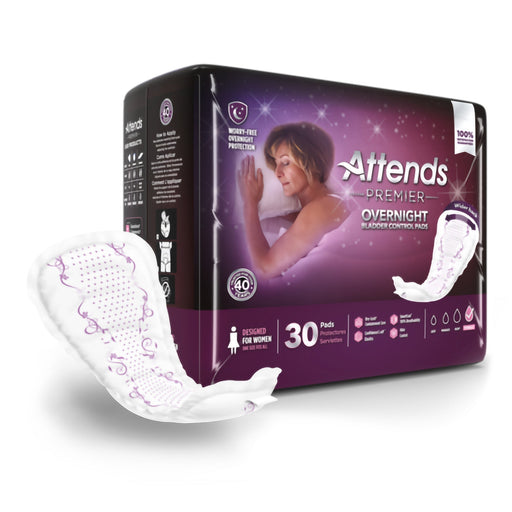 Attends Premier Overnight pads packaging with a sample pad displayed on a white background